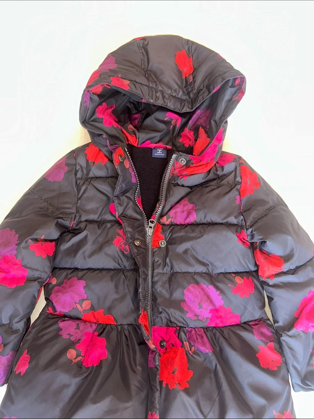 GAP Black Hooded Puffer Jacket with Pink & Purple Floral Print